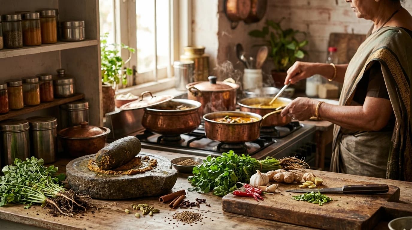 Authentic kitchen scene showing chef preparations