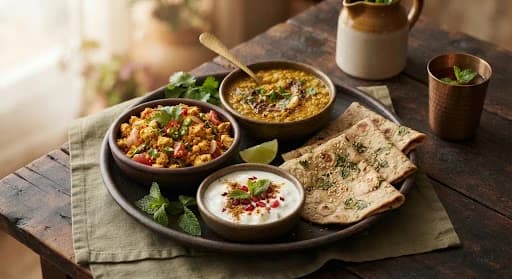 Vegetarian fitness dabba with paneer bhurji and sprouted moong