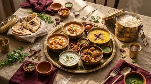 Opulent Indian homestyle thali feast with paneer, dal, rice, and brass tiffins
