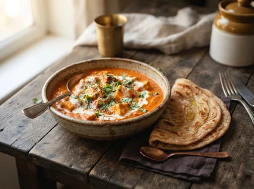 Homestyle paneer curry and flaky tawa parathas in rustic ceramic bowl